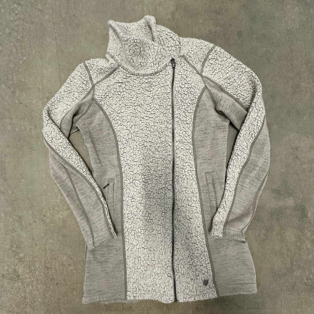 KUHL KOZET LONG Women's Fleece Jacket Wool Full Zip Offset Zipper Sz S Pockets